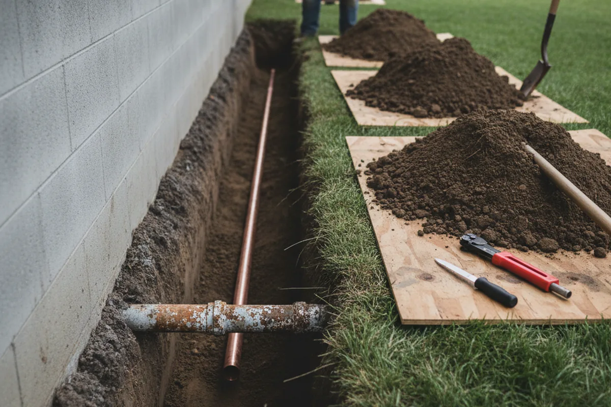 Excavated water line trench during Water Heater Repair in Brierfield